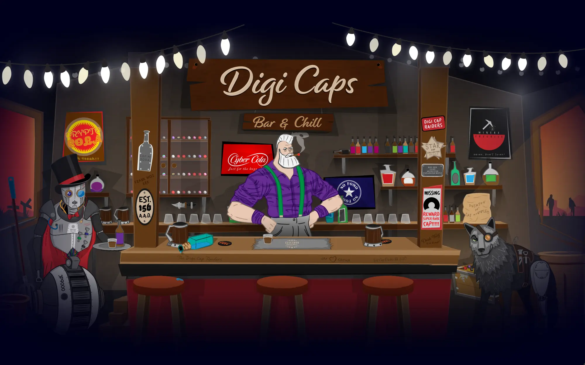 Digi Caps Bar & Chill on OpenSea Banner for home page welcome, thus setting the scene for this NFT Project. Crypto artist Jax Oxide standing in the bar. See below for our nft drops