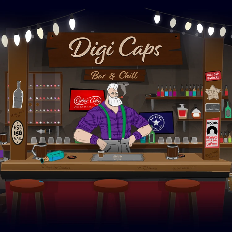 The Bar & Chill on OpenSea Banner for home page welcome, thus setting the scene for Digi Caps NFT Project. Crypto artist Jax Oxide standing in the bar.